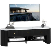 HOMCOM Meuble TV 140 cm, meuble télé pour téléviseur 65 pouces effet marbre avec 3 tiroirs façades à cannelures 2 étagères noir(m-11)
