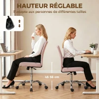 HOMCOM Chaise de bureau sans accoudoirs, fauteuil de bureau, hauteur réglable et pivotant 360°, 43 x 56 x 89-99 cm, rose(m-6)