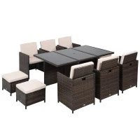 Outsunny 10 Seater Rattan Cube Garden Furniture Set with Parasol Hole, Rattan Dining Set with Cushions, Outdoor Dining Table and Chairs with Rectangular Glass Top Table for Patio, Mixed Brown(m-1)