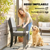 Outsunny Set da Giardino 5pz con 4 Sedie Impilabili e Tavolo in Vetro Temperato con Foro per Ombrellone, Grigio Chiaro(m-5)