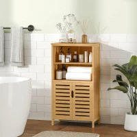 kleankin Badezimmerschrank aus Bambus, mit Lamellentüren, 2 Regale, 1 Schrank, 50 cm x 29 cm x 92 cm, Natur(m-10)