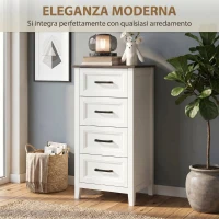 HOMCOM Cassettiera 4 Cassetti per Camera da Letto e Soggiorno, in Legno, 45x35x87 cm, Bianco e Marrone(m-7)