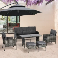 Outsunny Juego de 6 Piezas Muebles de Terraza con Sofá de 3 Plazas Sillones Cojines Taburetes y Mesa de Centro Gris(m-10)