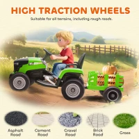 AIYAPLAY 12V Ride on Tractor and Trailer with Remote Control, Music, Shifter, Start-Up Sound, for Kids Ages 3-8 Years, Green(m-9)