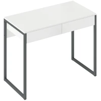 HOMCOM Escritorio con 2 Cajones 100x50x75 cm Mesa de Ordenador Patas de Acero para Casa Espacios Pequeños Blanco Brillante(m-1)
