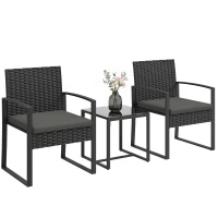 Outsunny Salon de jardin extérieur en résine tressée 2 personnes, table de jardin avec 2 chaises, plateau en verre trempé, noir(m-13)