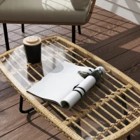 Outsunny Table d'appoint de jardin en résine tressée, 90x50x45cm, table basse de jardin avec plateau en verre trempé, naturel(m-9)