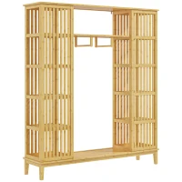 HOMCOM Armadio Aperto in Bambù con 2 Ante Scorrevoli, Ripiani Aperti e Barra Appendiabiti, 145x35x165cm(m-1)