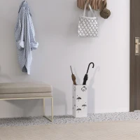 HOMCOM Paragüero de Acero con Bandeja Recoge Gotas Ganchos para Paraguas Plegables y Diseño Decorativo 15,5x15,5x41 cm Blanco(m-11)