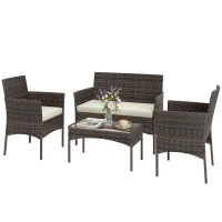 Outsunny 4 Piece Rattan Garden Furniture Sofa Set with Loveseat, Armchairs, Glass-Top Coffee Table and Cushions, Brown(m-15)