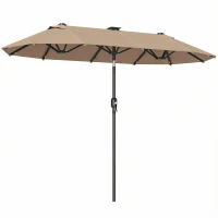 Outsunny Doppelsonnenschirm 292 x 150 cm, Sonnenschirm mit mit LED-Beleuchtung Handkurbel, Knickfunktion Khaki(m-11)