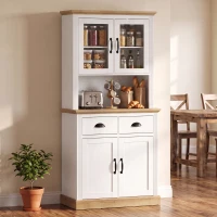 HOMCOM Bufet Înalt pentru Bucătărie, Dulap de Bucătărie, 4 Uşi dintre care 2 din Sticlă, 2 Sertare, Blat de Lucru, Rafturi Reglabile, Alb(m-6)