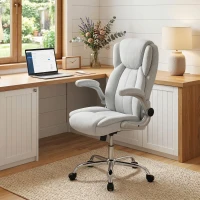 HOMCOM Silla de escritorio Ergonómica con Respaldo Alto Reposabrazos Abatibles Asiento con Muelles Altura Ajustable Crema(m-10)