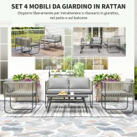 Outsunny Set da Giardino Rattan con Divanetto 2 Posti, 2 Poltrone e Tavolino in Vetro, Cuscini Sfoderabili, Grigio(m-4)