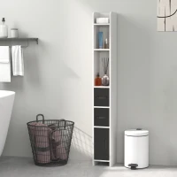 kleankin Colonna Bagno con 3 Mensole e 3 Armadietti, in Legno, 15x17x120 cm, Bianco e Nero(m-9)