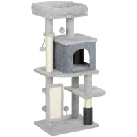 PawHut Albero per Gatti Multilivello Alto 104 cm con Casetta, Lettino, Pali Tiragraffi, Spazzola e Pallina, Grigio(m-1)