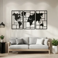 HOMCOM Wanddeko Metall 3 Stück Wanddekoration Weltkarte Wandkunst für Wohnzimmer Schlafzimmer Flur, 50 x 80 cm, Schwarz(m-2)