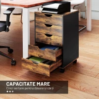 HOMCOM Comodă de Birou cu 5 Sertare și Roți Pivotante cu Frâne, 40x40x67 cm, Maro Rustic(m-4)