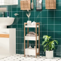 HOMCOM Estantería de Baño con 3 Estantes Organizador de Almacenaje Bambú para Cocina Sala de Estar Lavadero 27,5x20,8x74 cm Color Blanco y Natural(m-2)