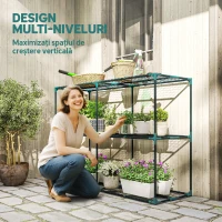 Outsunny Suport Vertical pentru Plante cu 3 Niveluri din Oțel și Plastic, Suport Ghivece pentru Interior și Exterior Grădină Balcon, 143x48x100 cm, Verde Închis(m-4)