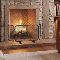 HOMCOM Parascintille Camino Pieghevole a 3 Pannelli in Metallo con Base Rimovibile, 90x16x40 cm, Nero(m-10)