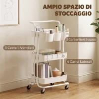 HOMCOM Carrello Cucina Multiuso a 3 Livelli con Cestini e Ganci Rimovibili, Ripiano con 12 Divisori, Bianco(m-4)