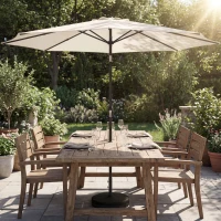 Outsunny 2.7 m Garden Parasol Umbrella with Cross Base and Sandbag, Retractable Ribs, Outdoor Table Market Umbrella, Cream White(m-10)