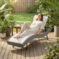 Outsunny Rattan Sun Lounger, Garden Recliner with 5 Position Adjustable Back, S Shaped Texteline Seat, Headrest, Cream White(m-10)