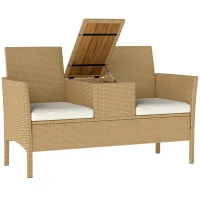 Outsunny Panca da Giardino con Tavolino a Ribalta Portaoggetti, in Rattan e Acciaio, 134x58x82 cm, Crema e Cachi(m-1)