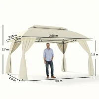 Outsunny Gazebo da Giardino 4x3m con Doppio Tettuccio, Pareti in Poliestere e Struttura in Acciaio, Beige(m-3)