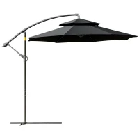 Outsunny 2.7m Garden Banana Parasol Cantilever Umbrella with Crank Handle, Double Tier Canopy and Cross Base for Outdoor, Hanging Sun Shade, Black(m-22)