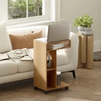 HOMCOM Mesa Auxiliar para Sofá Mesa Auxiliar en Forma de C con Ruedas Compartimentos Abiertos 40x30x69 cm Roble(m-10)
