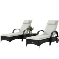 Outsunny Sonnenliege Gartenliege Tisch 3er-Set Gartenmöbel, Polyrattan+Metall Schwarz+Cremeweiß(m-11)