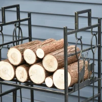 Porte-bûches range bûches étagère à bois de cheminée serviteur de cheminée cerf multi-accessoires 2 étagères dim. 51,5L x 33l x 77H cm métal noir or vieilli(m-8)