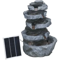 Outsunny Fontaine de jardin à énergie solaire roche en cascade à 5 niveaux en résine avec lumières LED et pompe gris(m-1)
