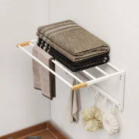 HOMCOM Portasciugamani a Parete Pieghevole con 5 Barre e 6 Ganci in Legno e Acciaio, 60x32.5x20 cm, Bianco(m-9)