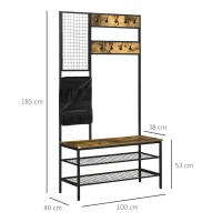 HOMCOM Cabideiro em design industrial, 1 quadro de recados, 1 banco para sapatos, 8 ganchos para roupa, 1 bolsa de armazenamento, Preto + Marrom(m-3)