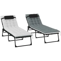 Outsunny Lot de 2 bains de soleil, chaise longue pliante et inclinable, coussin, appui-tête, poche latérale, 60x190x31cm, gris(m-12)