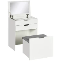 HOMCOM Tocador de Maquillaje con Taburete Oculto Espejo Abatible Cajón y 7 Compartimentos Taburete con Almacenamiento Blanco(m-1)