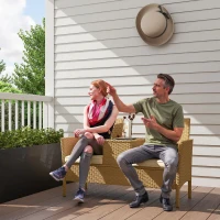 Outsunny Panca da Giardino con Tavolino a Ribalta Portaoggetti, in Rattan e Acciaio, 134x58x82 cm, Crema e Cachi(m-9)