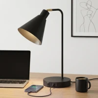 HOMCOM Set de 2 Lămpi de Masă Moderne din Oțel cu Porturi USB, E27, Becurile Nu Sunt Incluse, Negru(m-2)