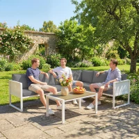 Outsunny Conjunto de Jardín Exterior con Cojines 3 Sofás de 2 Plazas Mesa con Tablero Efecto Madera WPC y Cojines Gris y Blanco(m-10)