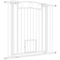 PawHut Haustiertor, 96 cm Treppengatter, verstellbare Breite 76-104 cm, mit Katzentür, für Treppen und Türöffnungen, Weiß(m-11)