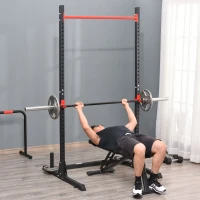 HOMCOM Squat Rack Réglable 32 Niveaux en Acier, Crochet, Barre de Traction, Base Antidérapante, 117,5x122x226cm, Noir(m-10)