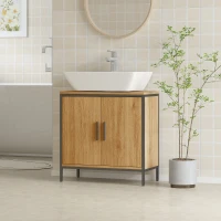 HOMCOM Waschbeckenunterschrank Badezimmer Unterschrank mit 2 Türen, einstellbarem Regal Badezimmerschrank mit Stahlrahmen, für Waschbecken ohne Sockel, Eiche, 60x30x60 cm(m-10)