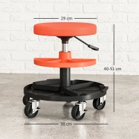 HOMCOM Taburet de Atelier cu Roți Ø6 cm, Capacitate până la 135 kg, Înălțime Reglabilă 40-51 cm, cu Tăvi pentru Unelte, Portocaliu(m-3)