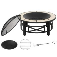 Outsunny 2-in-1 Φ84cm Metal Large Fire Pit, Outdoor Firepit Bowl with Grill, Spark Screen Cover, Fire Poker for BBQ, Garden, Bonfire, Patio, Black(m-10)