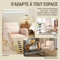 HOMCOM Fauteuil de salon en tissu Teddy, chaise rembourrée, assise large, coussin lombaire, pieds en métal effet bois, beige(m-6)