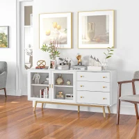 HOMCOM Aparador de Comedor con 2 Puertas de Cristal 3 Cajones y Patas de Madera de Caucho para Cocina Salón 160x40x80 cm Blanco(m-10)