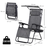 Outsunny 2 Piece Foldable Reclining Garden Chair with Headrest, Zero Gravity Deck Sun Lounger Seat Chair with Footrest, Armrest, Cup Holder & Canopy Shade, Grey(m-3)
